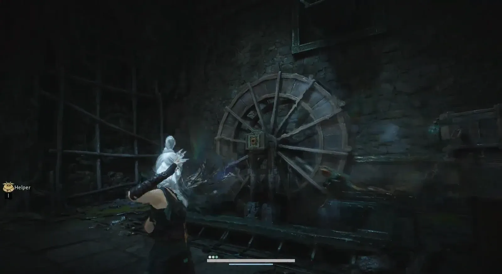 Player striking a large wheel mechanism to open the first gate