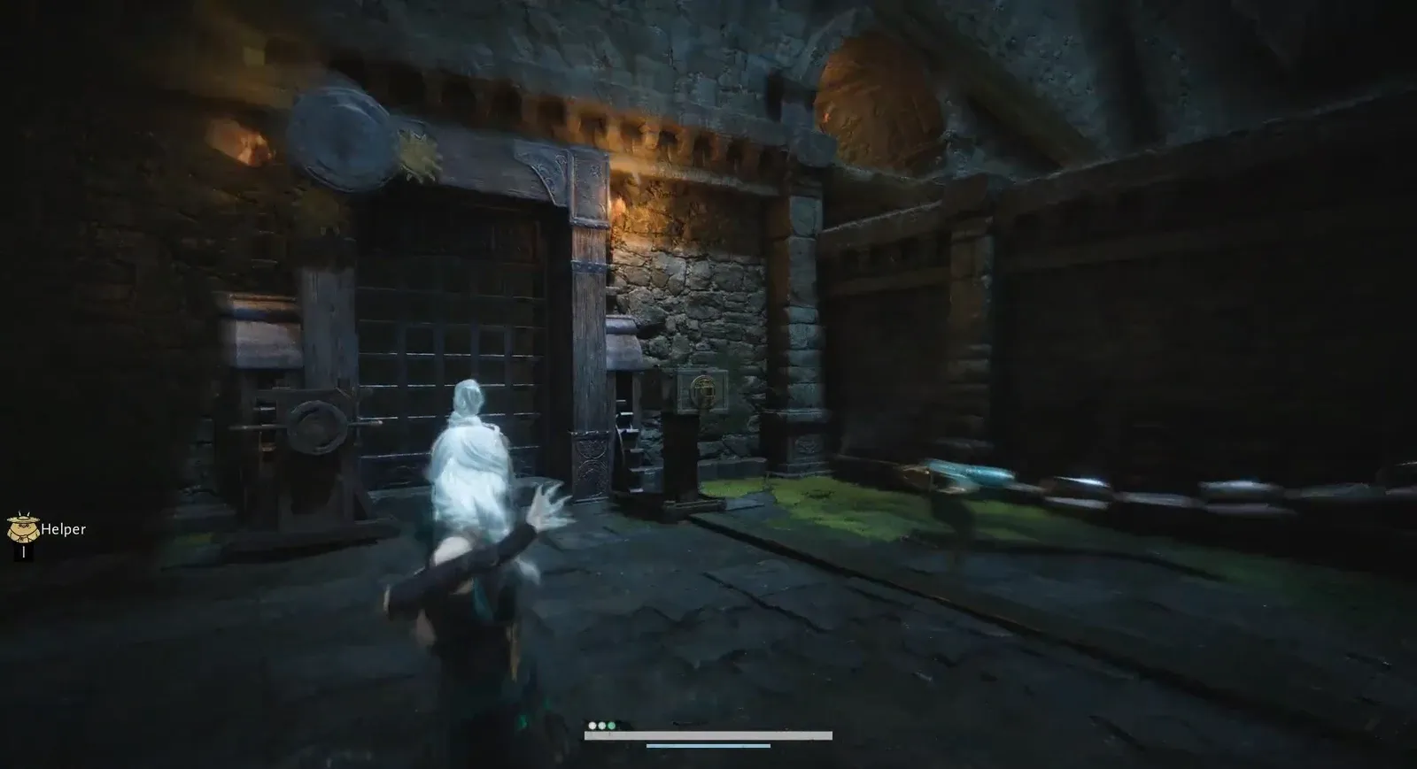 Glowing character at a barred stone gate with a wall lever guarding the fifth chest