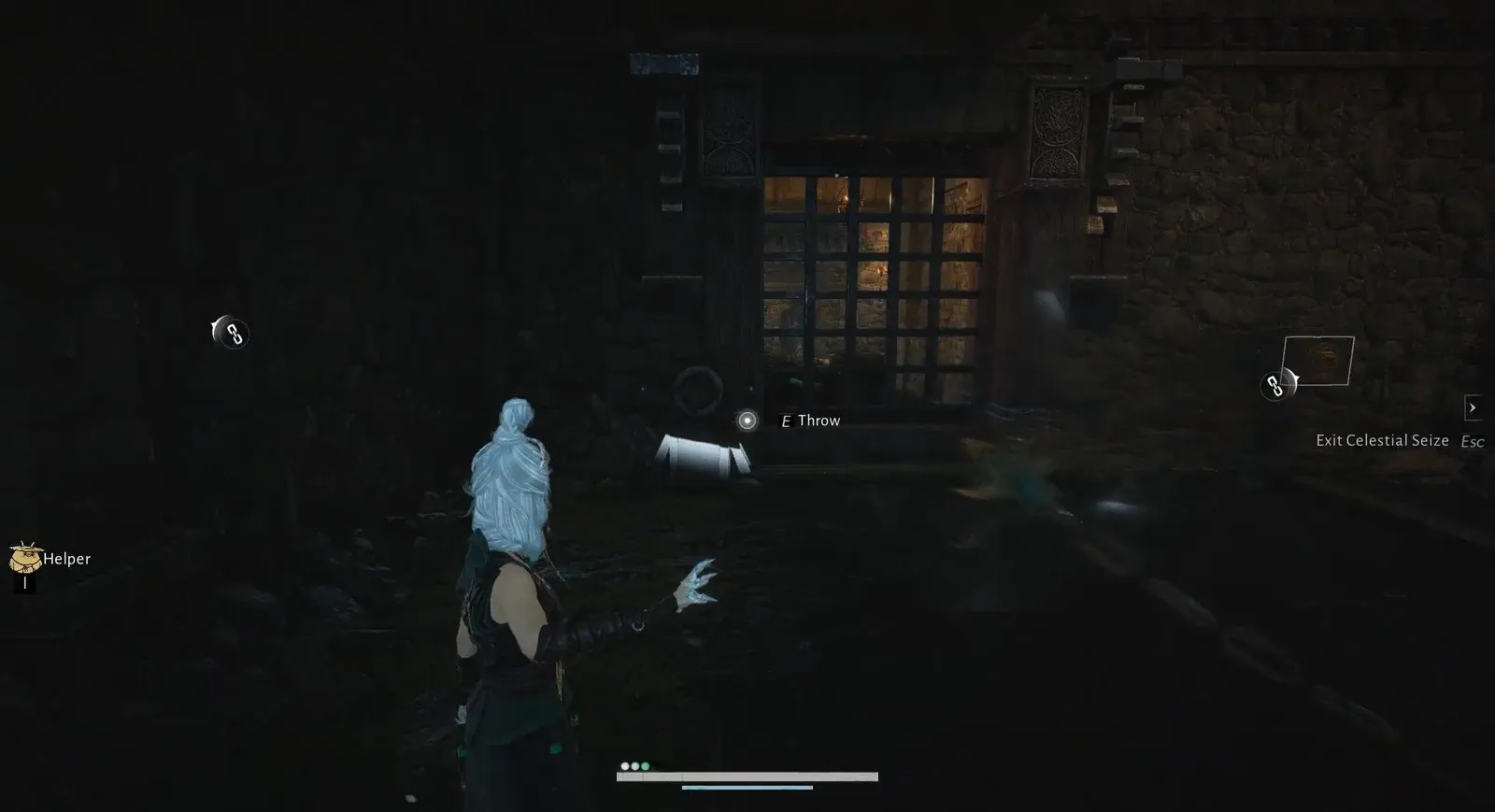 Celestial Seize E Throw prompt aimed at a chain object in a stone room
