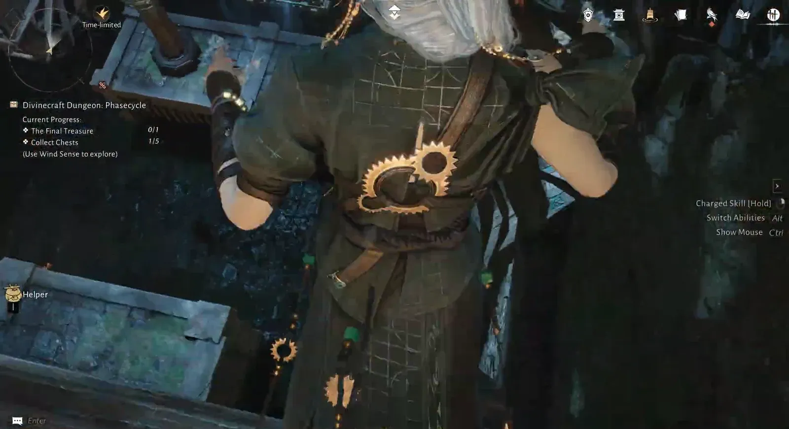 Objective tracker and Wind Sense active while searching for a chest under an archway