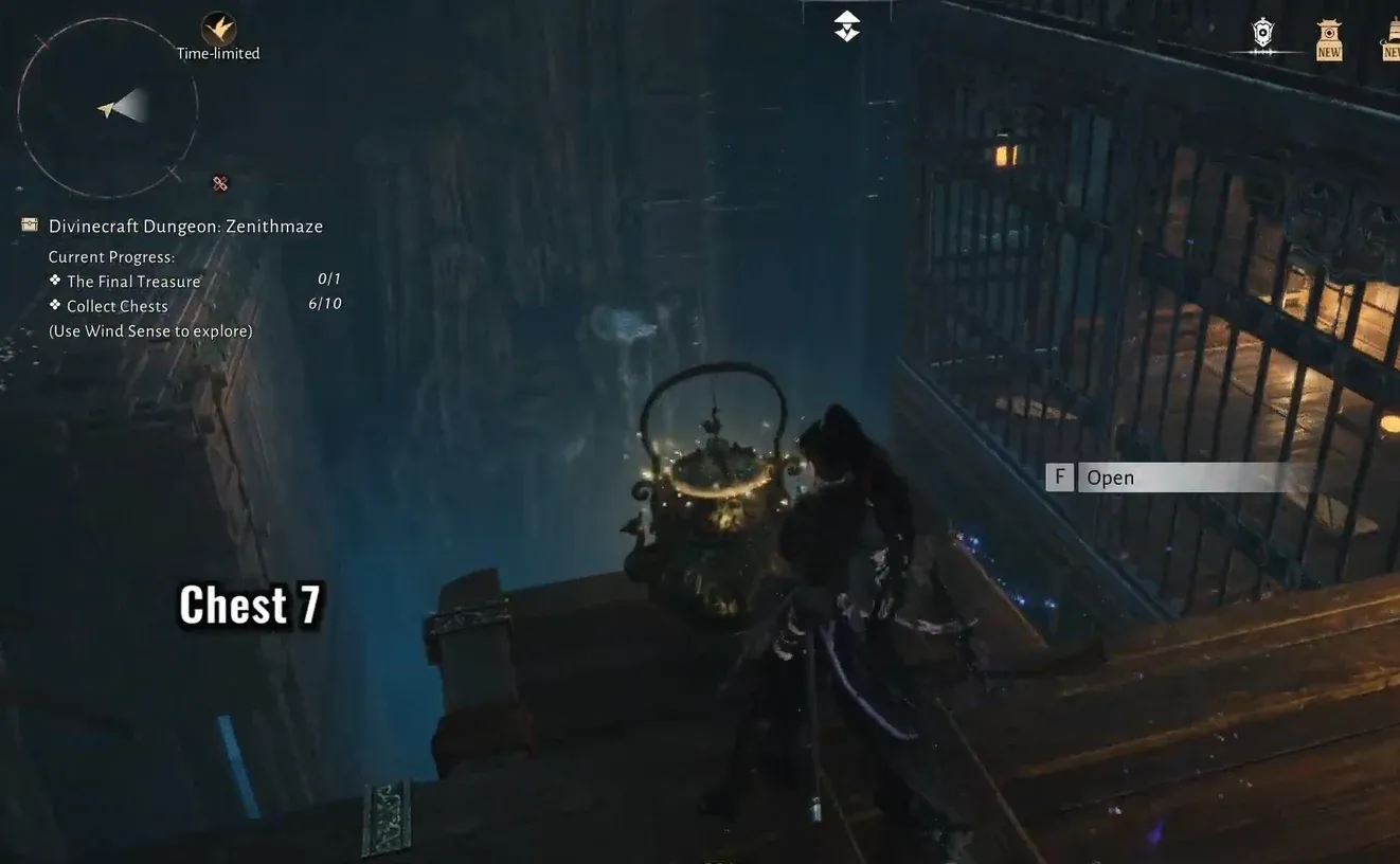 Player reaching Chest 7 on a high platform in Zenithmaze with an open prompt