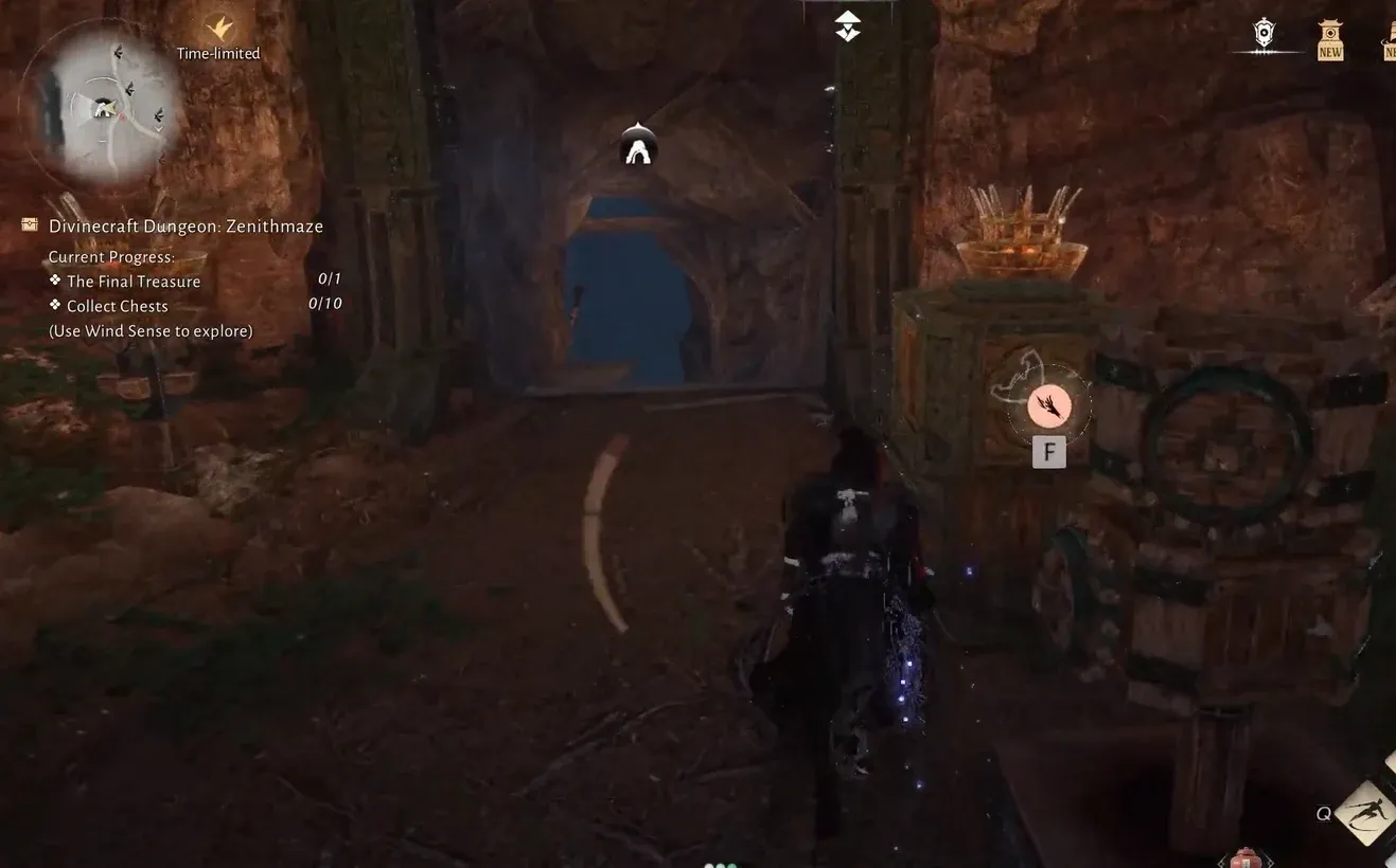 Player approaching a wooden chest in Zenithmaze with a Press F prompt to interact