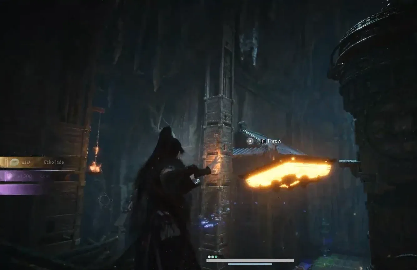 Aiming a glowing Celestial Seize projectile at a platform with an F Throw prompt