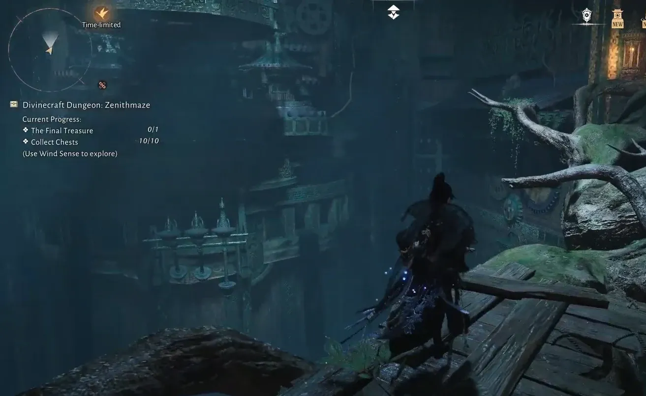 Player gliding to a wooden platform in Zenithmaze to reach a chest