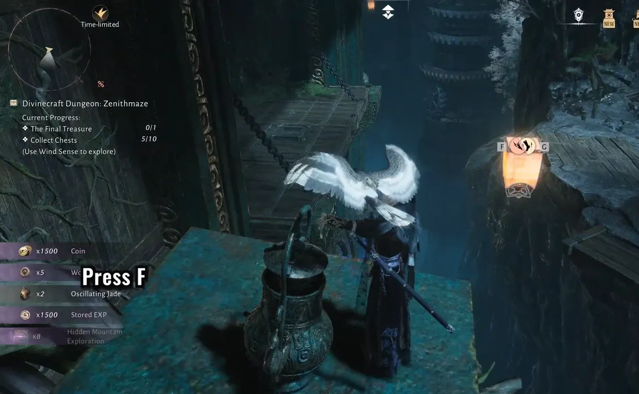 A highlighted interactable object in Zenithmaze showing a Press F prompt
