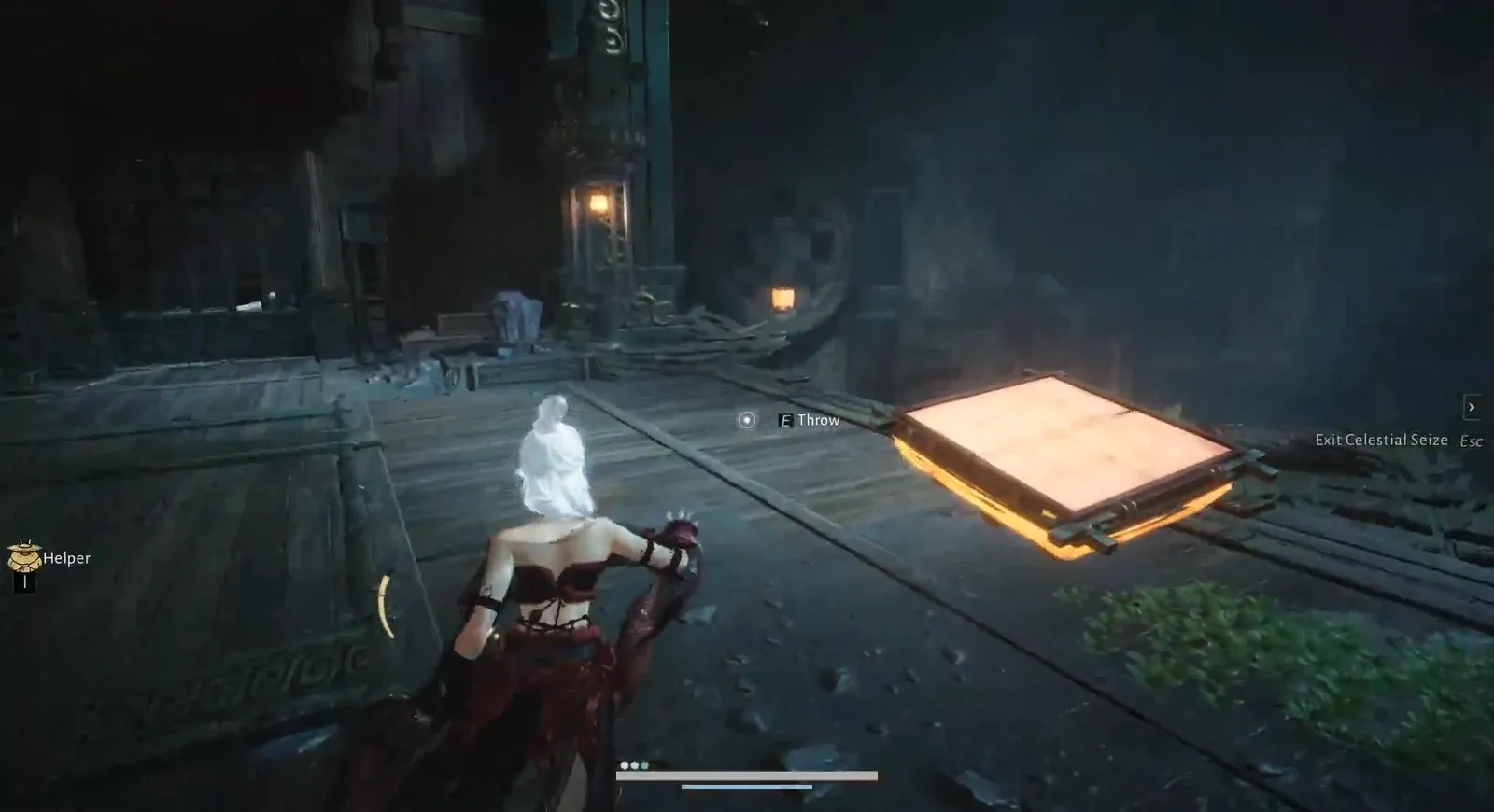 Celestial Seize prompt to press E and throw a box onto a glowing platform