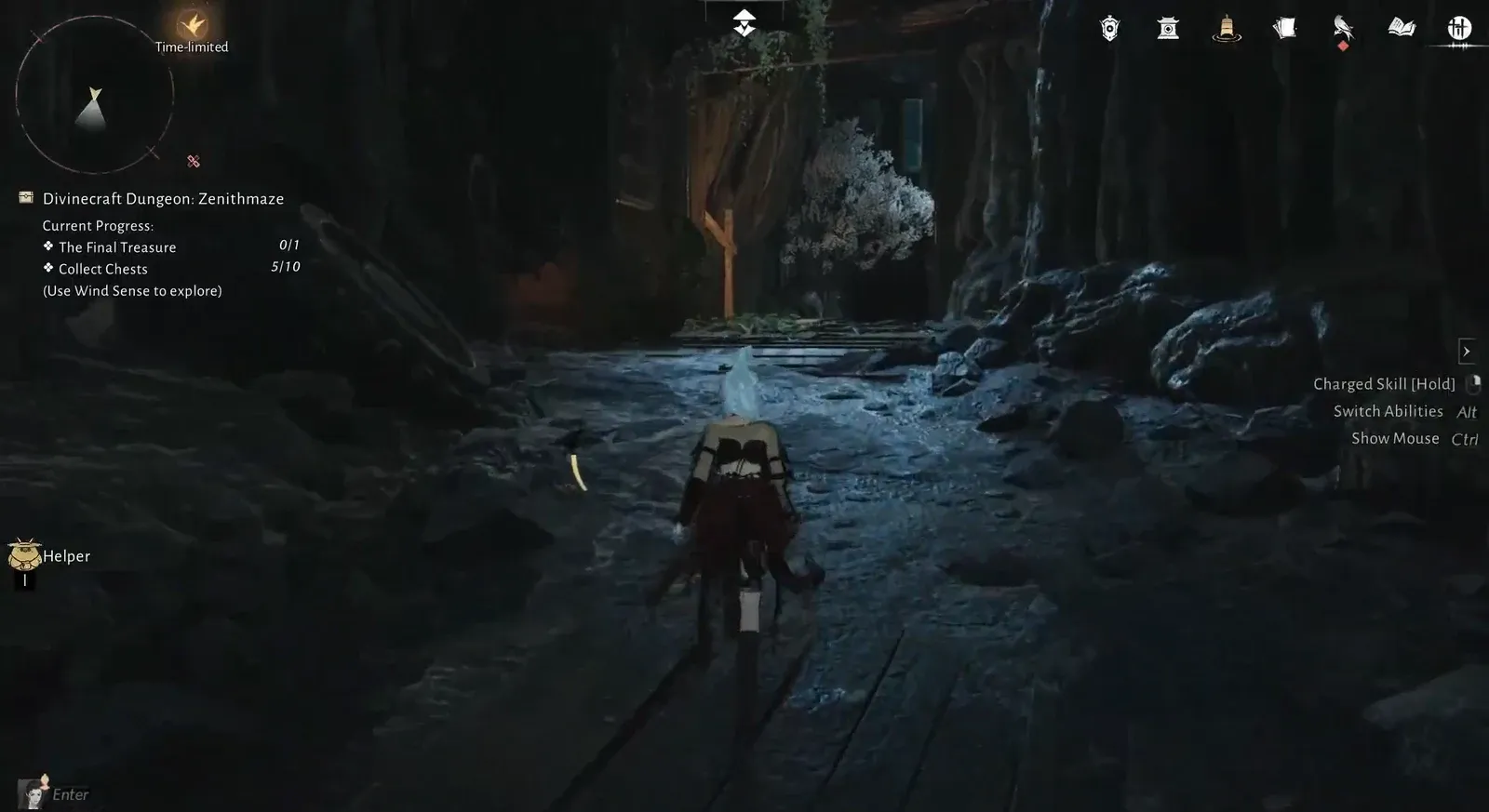 Character dropping to a lower cavern level with gears to reach chest six