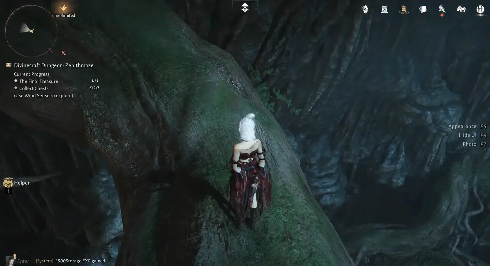 Character climbing a large tree root inside the Zenithmaze cavern