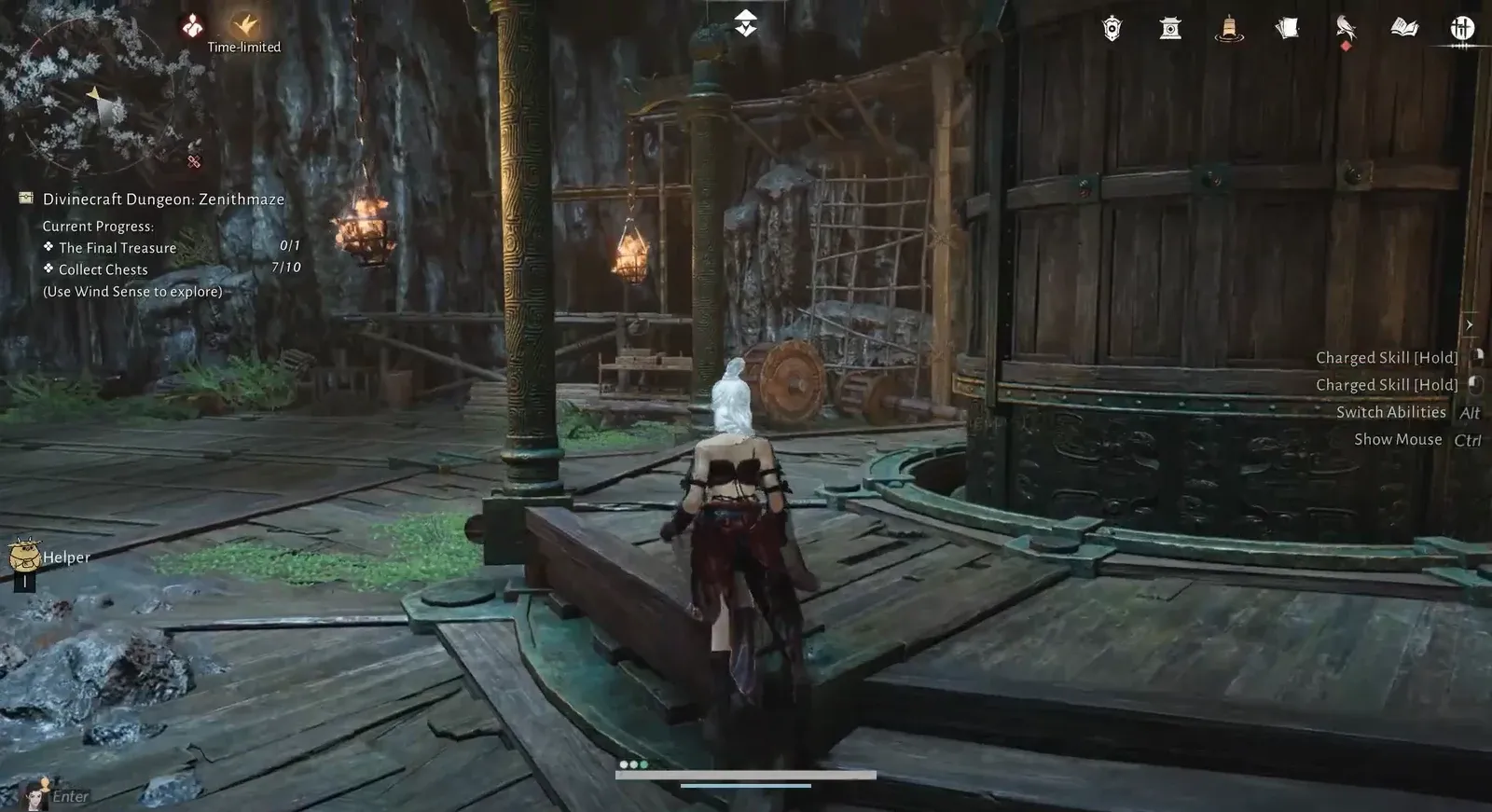 Character heading toward a large wooden door while collecting the upper chests