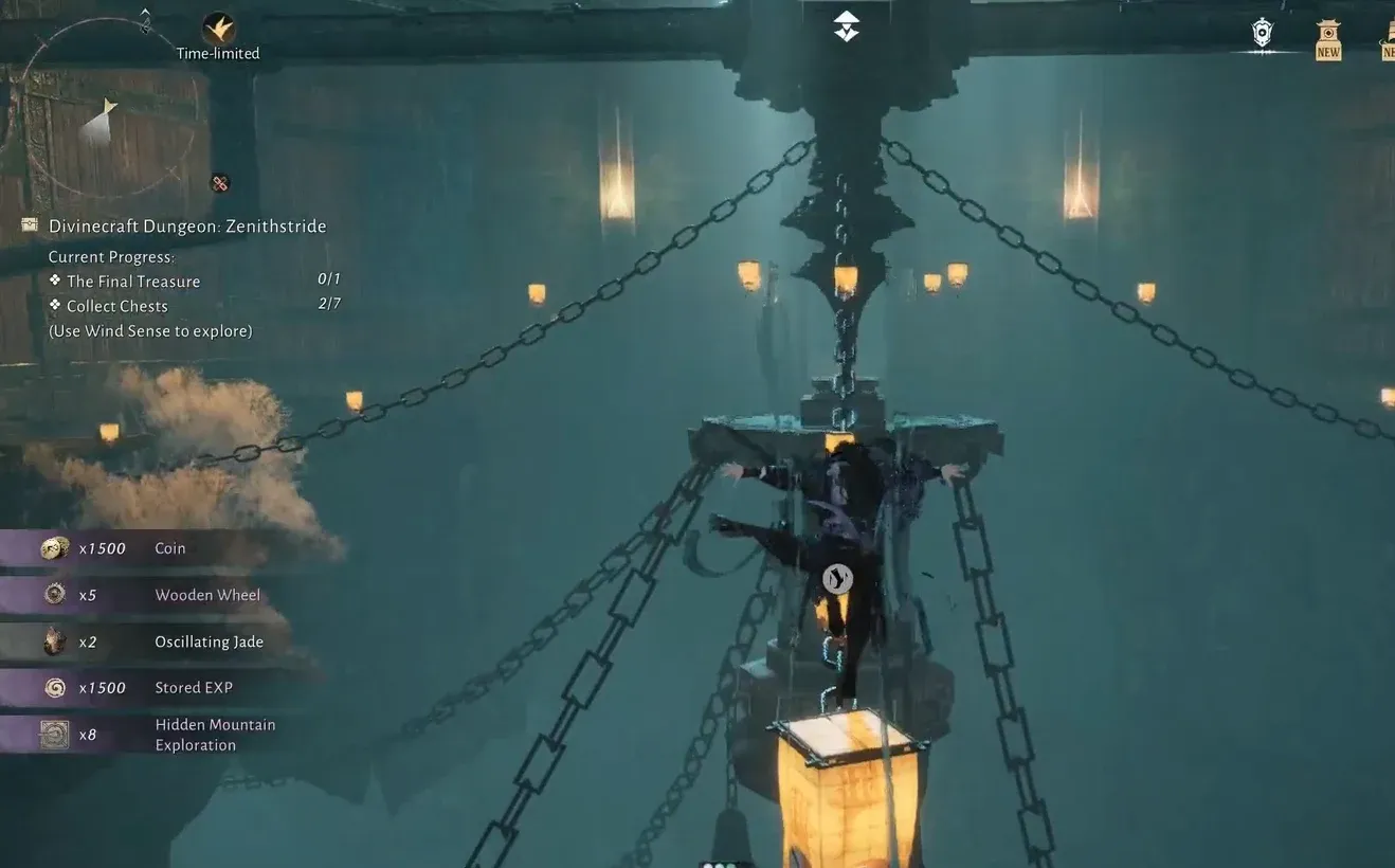 Character on a suspended lantern platform with the Collect Chests objective displayed