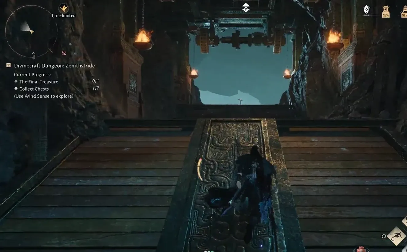 Character crossing a wooden platform above the mist while pursuing the chest objectives
