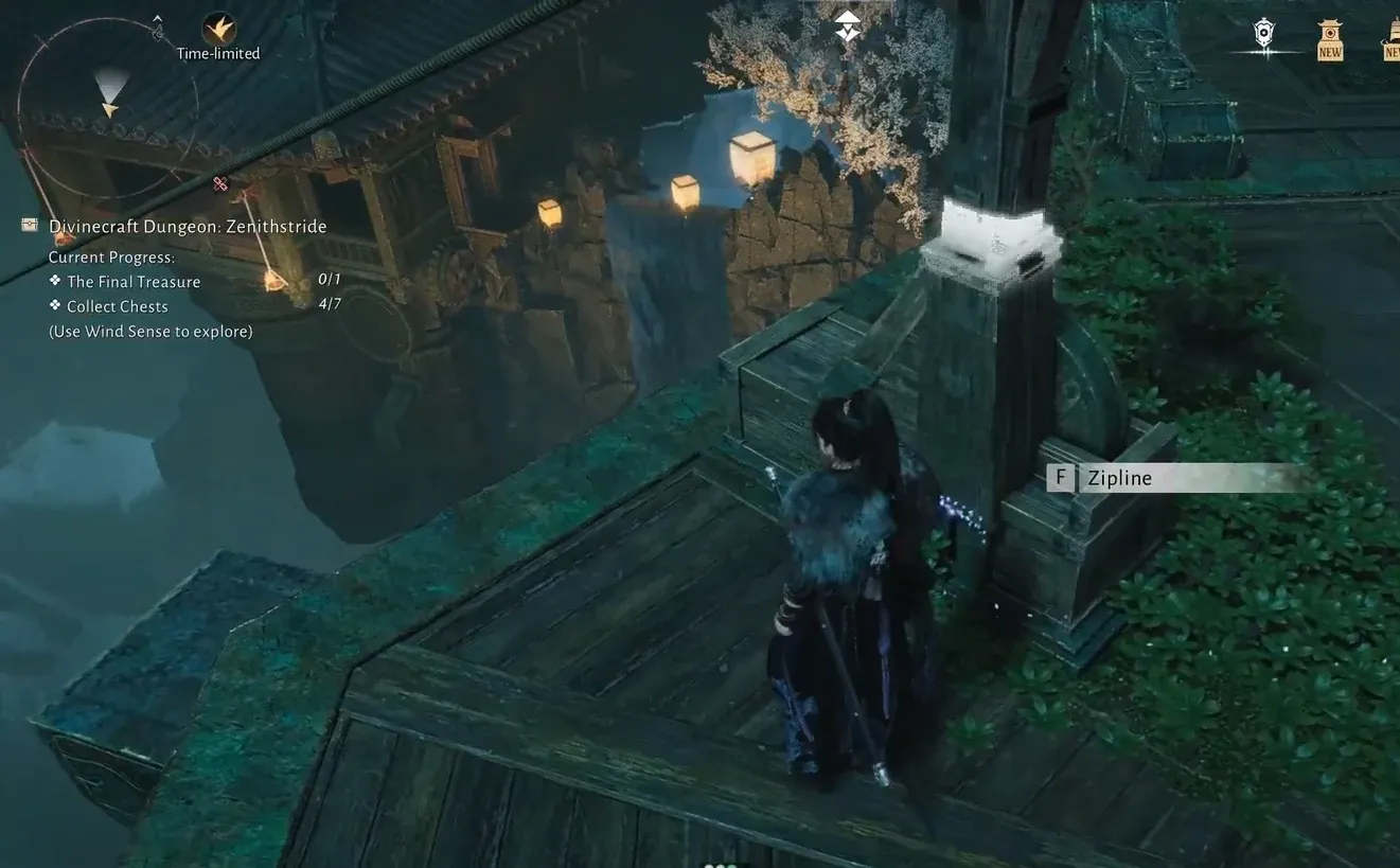 Character approaching a highlighted F Zipline prompt to cross the gap