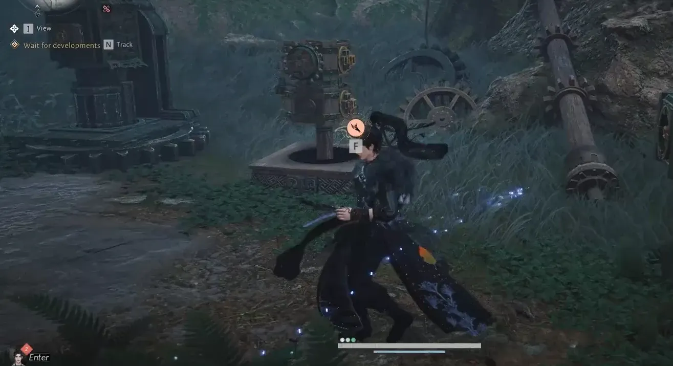 Character standing beside the entrance gear device with an F prompt during the Wait for developments objective