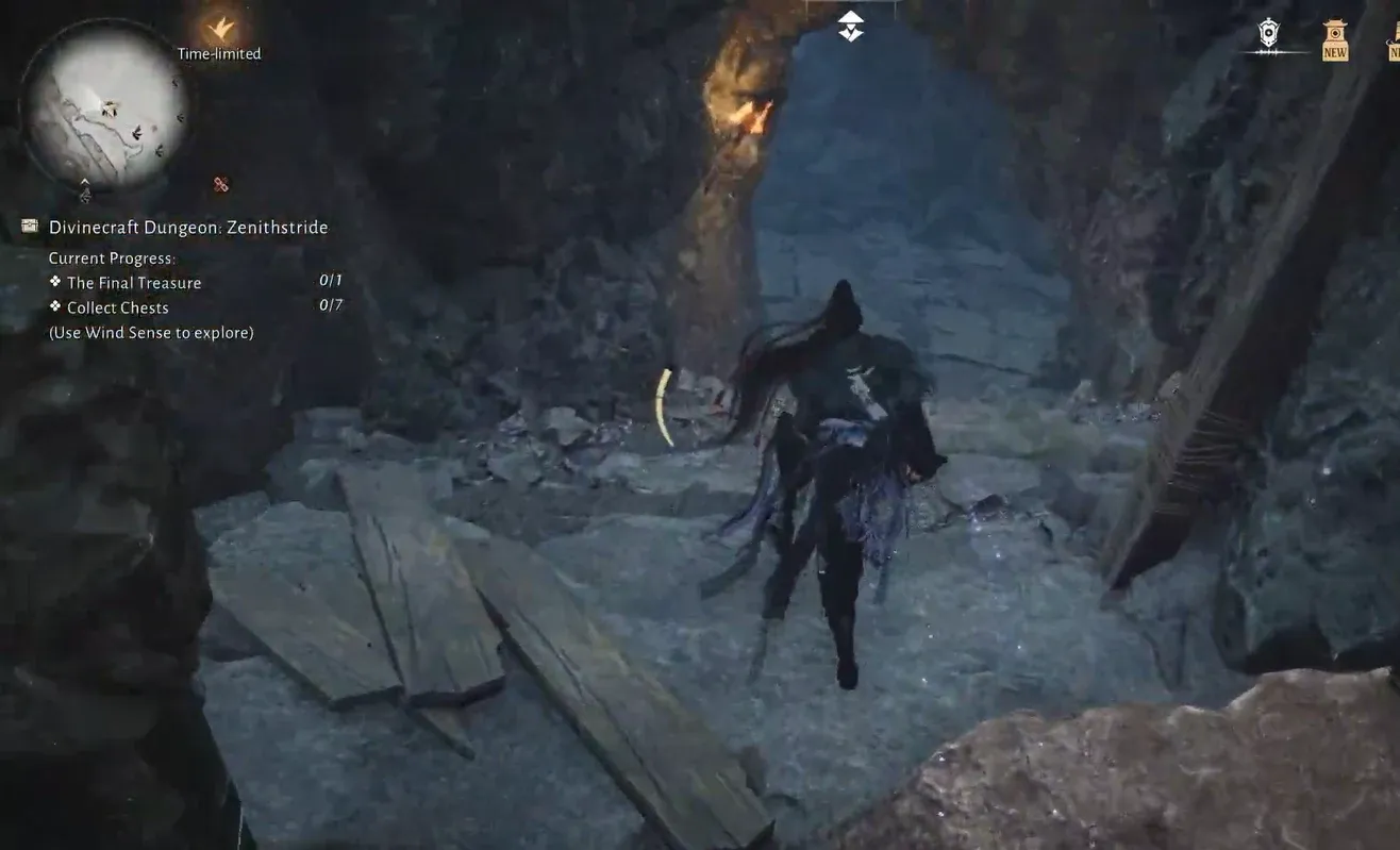 Character entering the dungeon interior with the objective to find the Final Treasure and collect seven chests