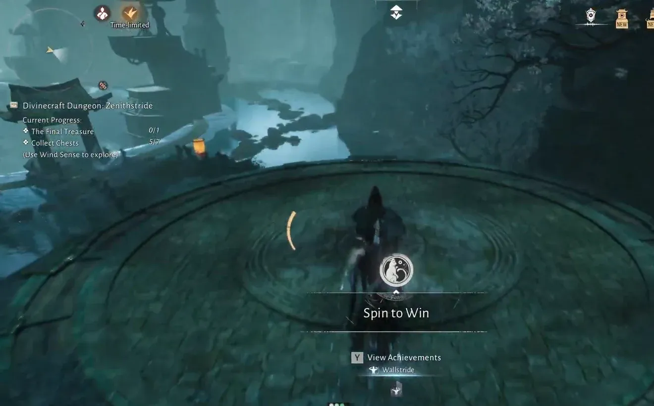 Spin to Win interaction prompt active while the player stands on a circular rotating platform