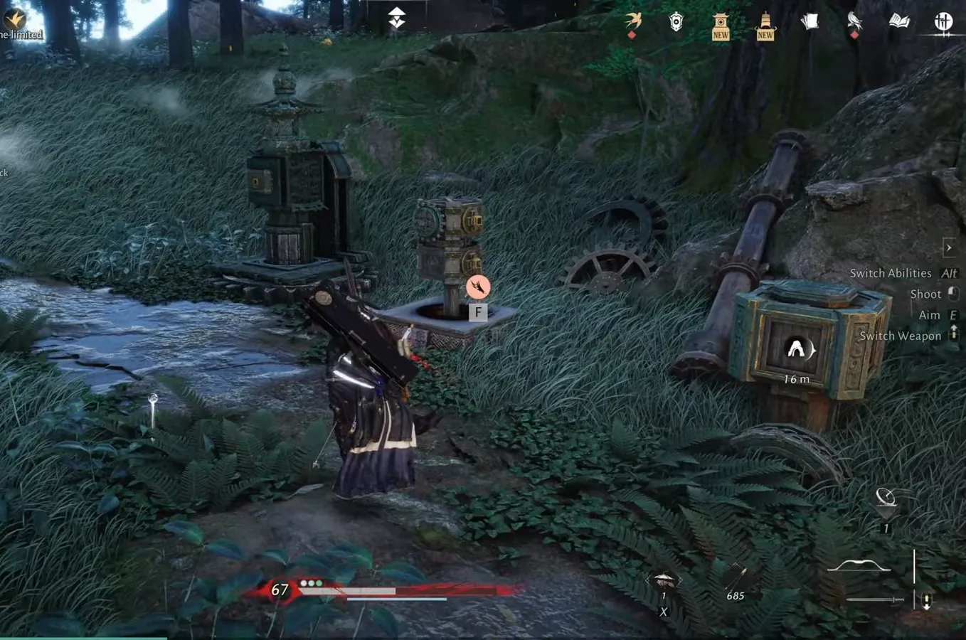 F interaction prompt highlighted on the mechanism device at the Zenithstride entrance