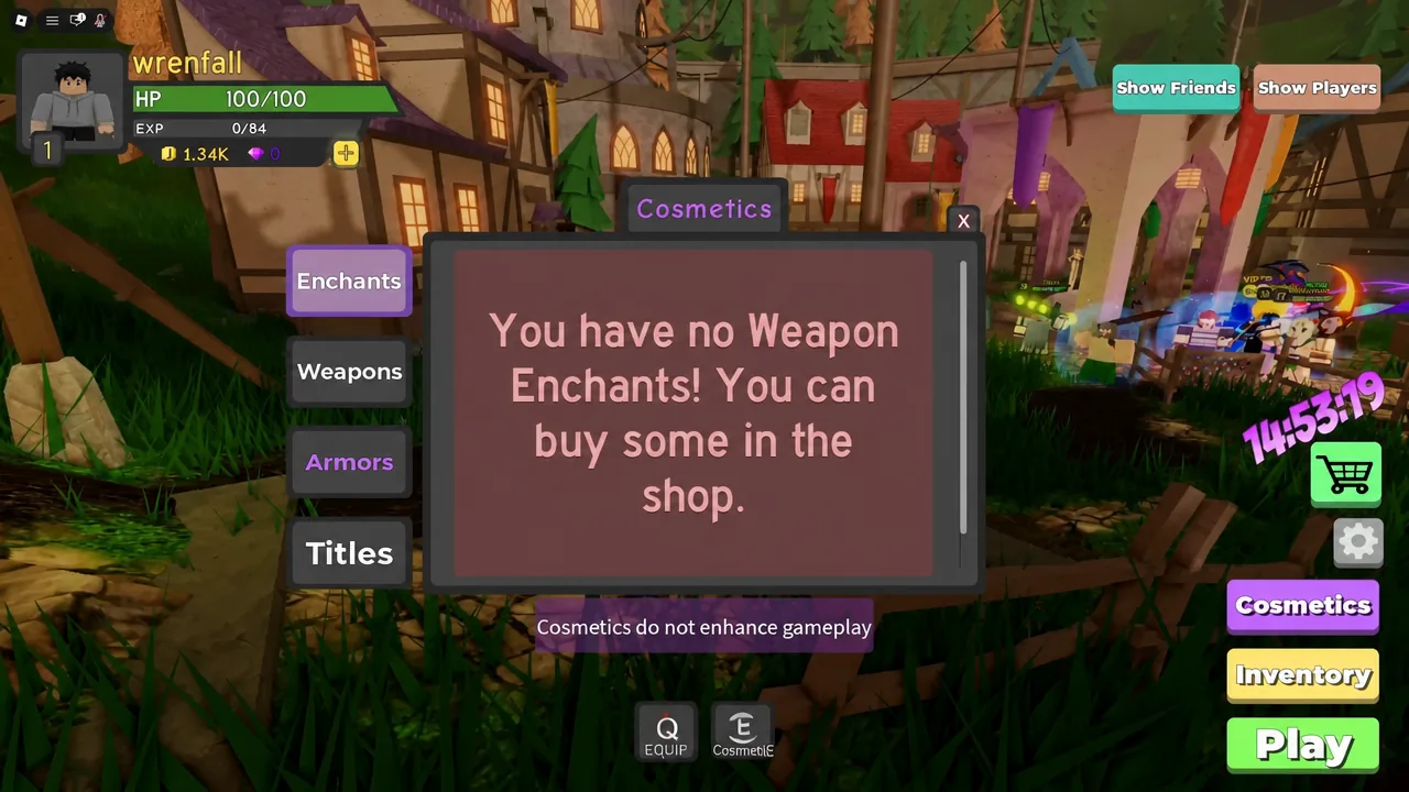 The Cosmetics screen in Dungeon Quest Reborn with the Enchants tab open