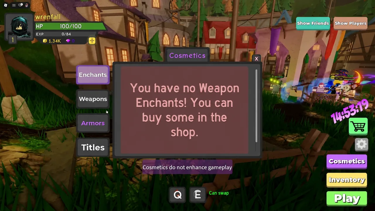 Cosmetics menu open on the Enchants tab, showing no weapon enchants owned yet