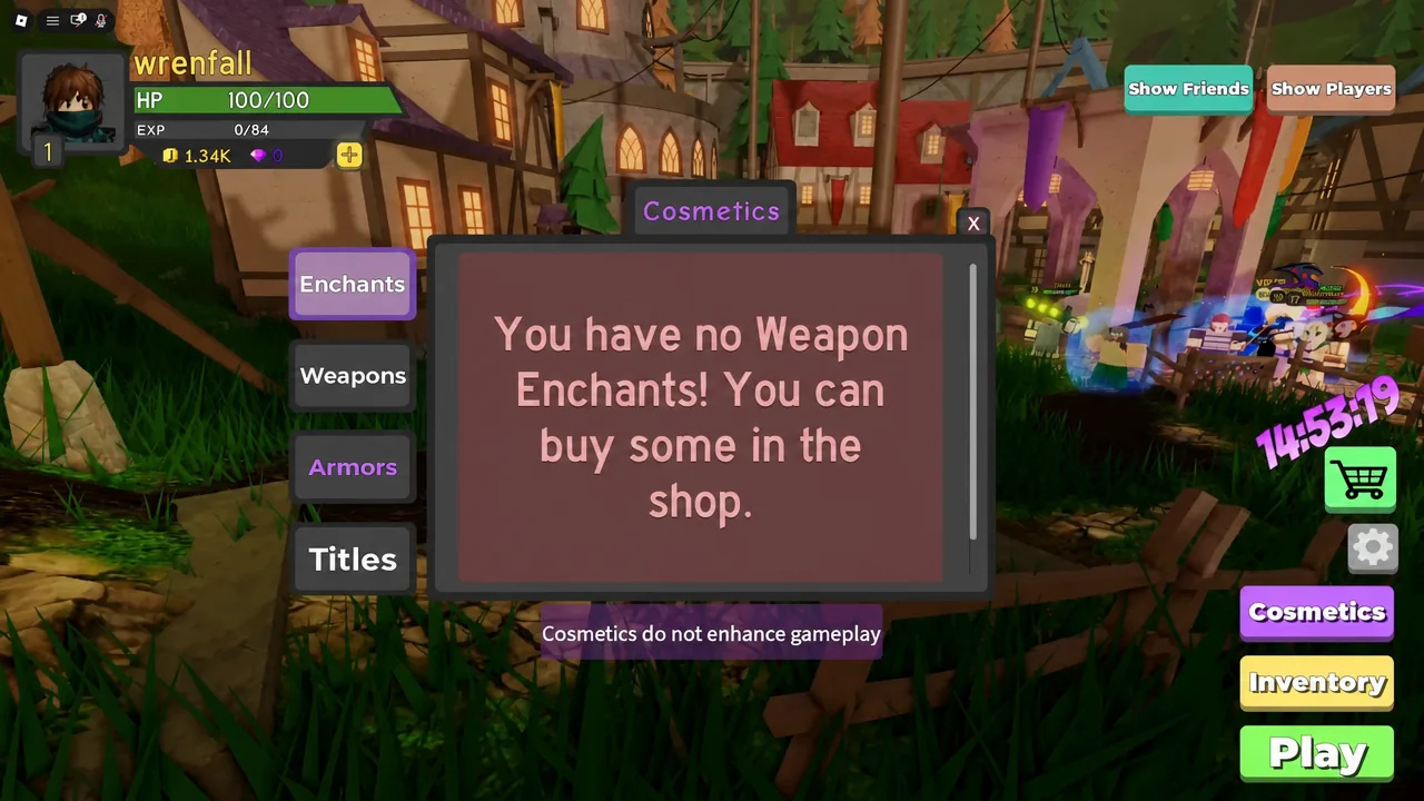 The Cosmetics menu on the Enchants tab, with a prompt that no weapon enchants are owned yet.