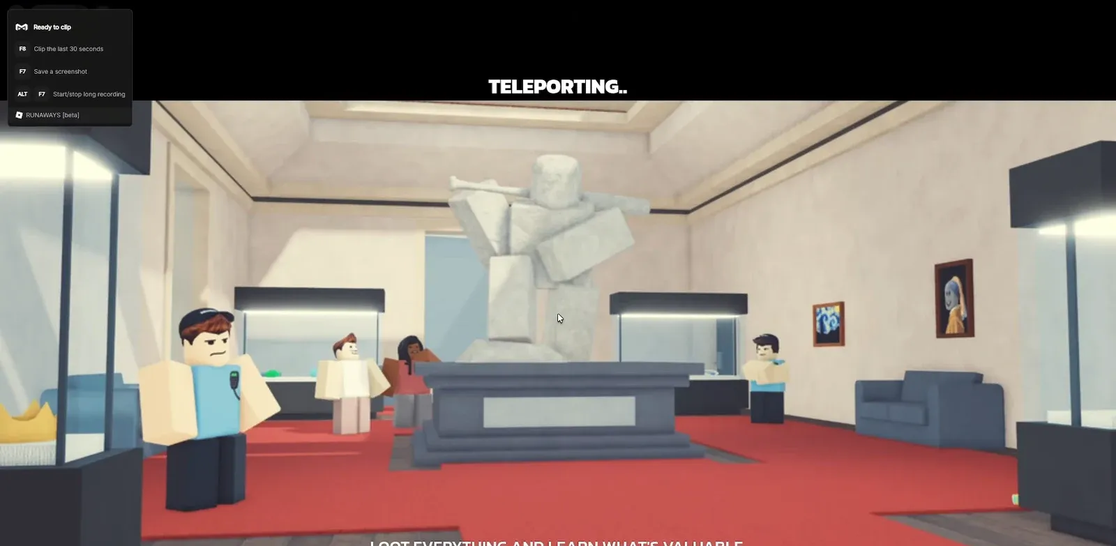 Museum lobby view showing a TELEPORTING message as the player loads into a match