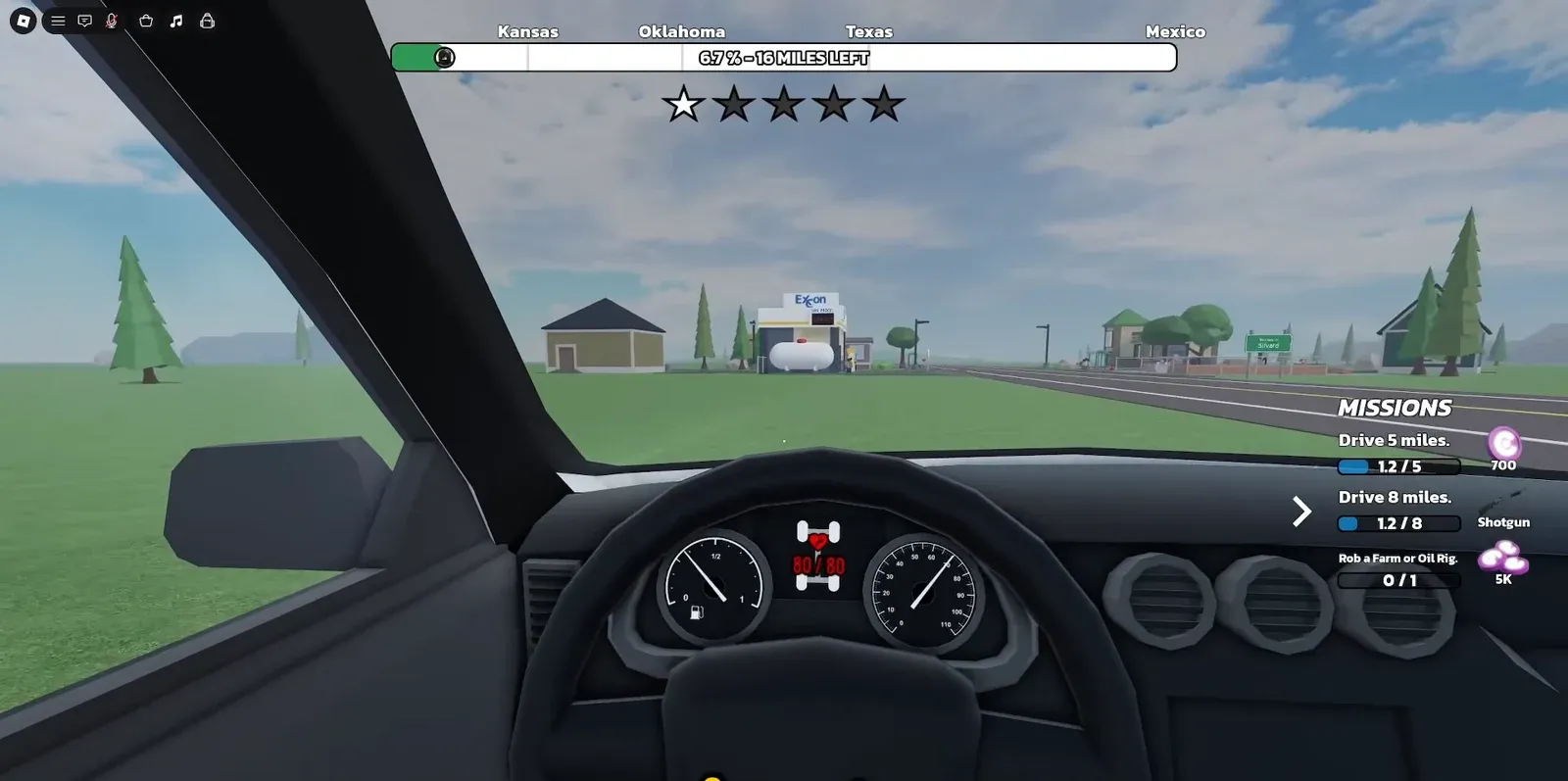 Driving HUD with the Missions tracker showing progress toward Drive 5 miles heading to a gas station