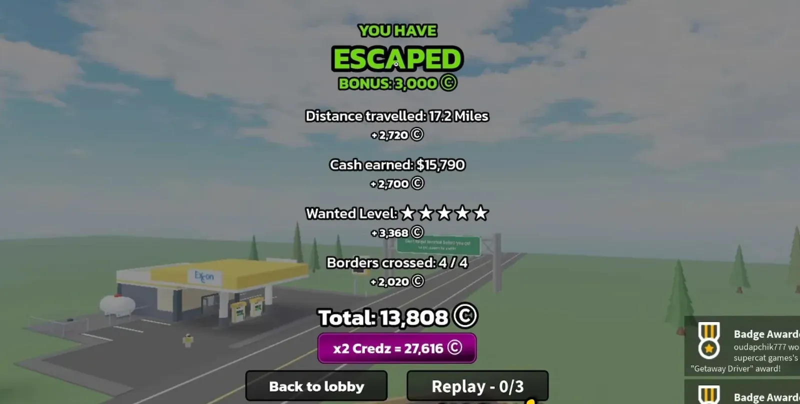 You Have Escaped summary screen with reward totals and Back to lobby and Replay buttons