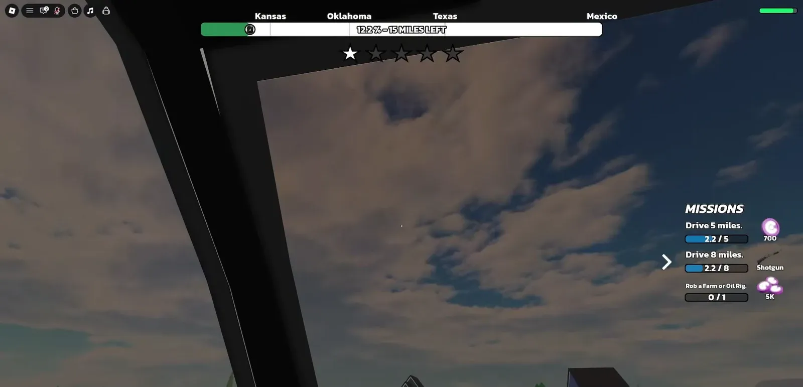 Driving HUD Missions panel tracking drive 5 miles, drive 8 miles, and rob a farm or oil rig