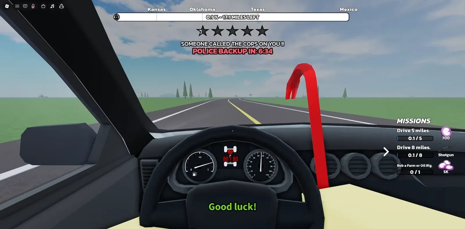 First-person driving view holding a crowbar toward Texas with missions and a police backup timer