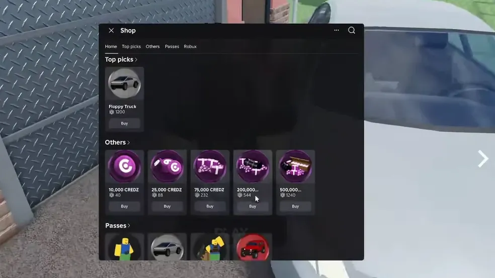 Shop Top picks tab showing the Floppy Truck item and Credz bundles with Buy buttons
