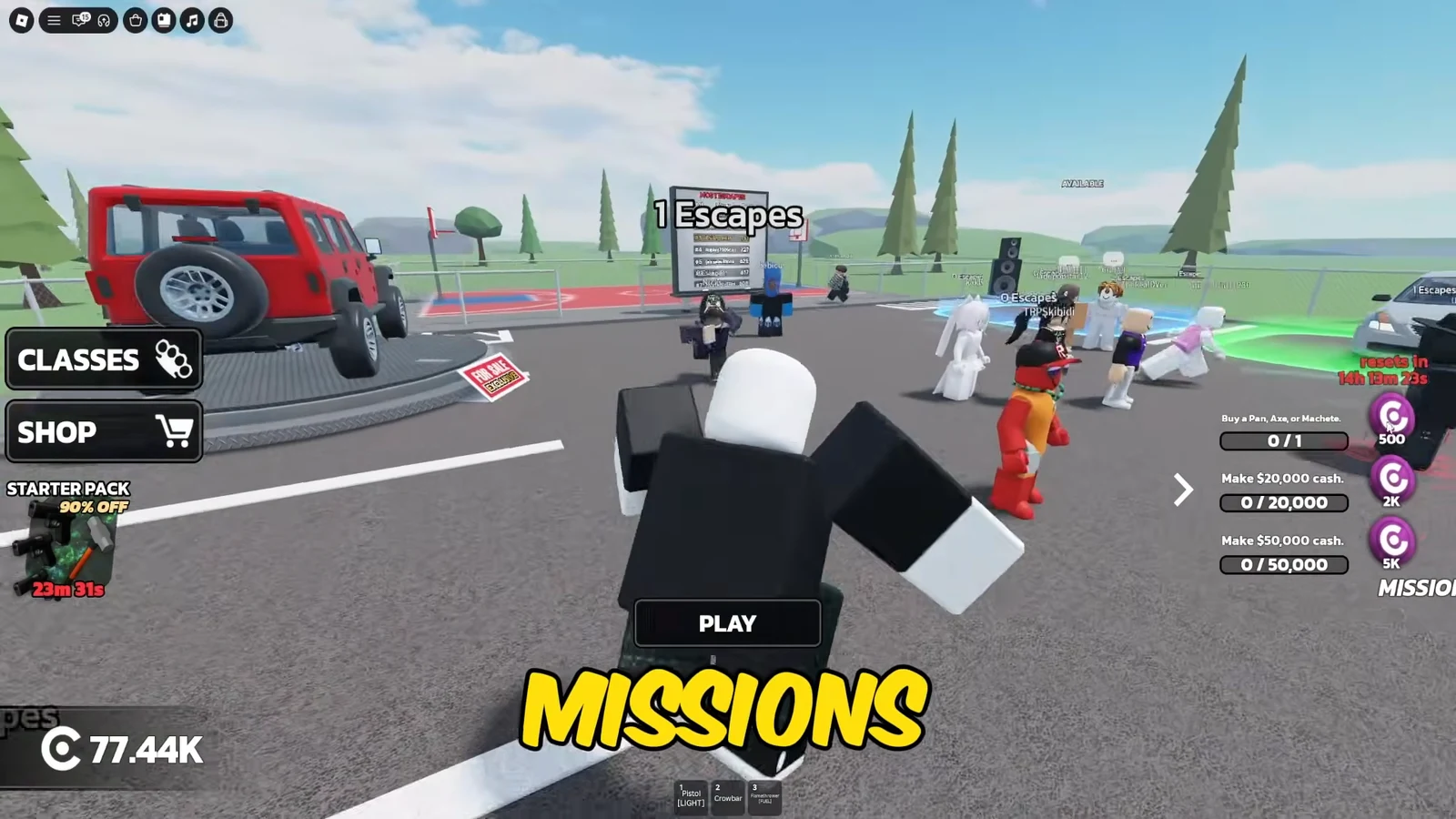 RUNAWAYS lobby MISSIONS screen with the PLAY button available
