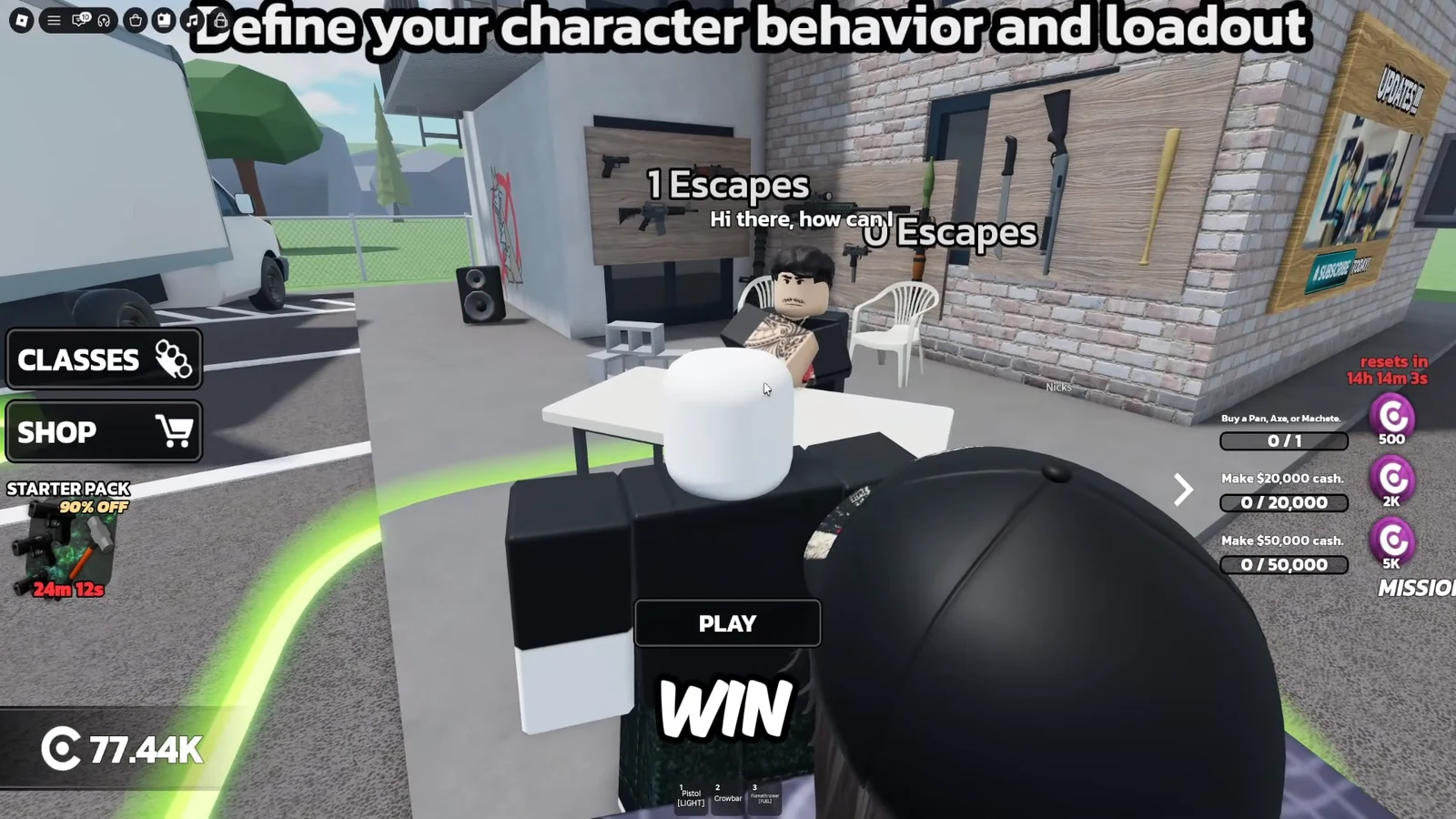 Player talking to the U' Escapes NPC with the Play button and loadout controls visible