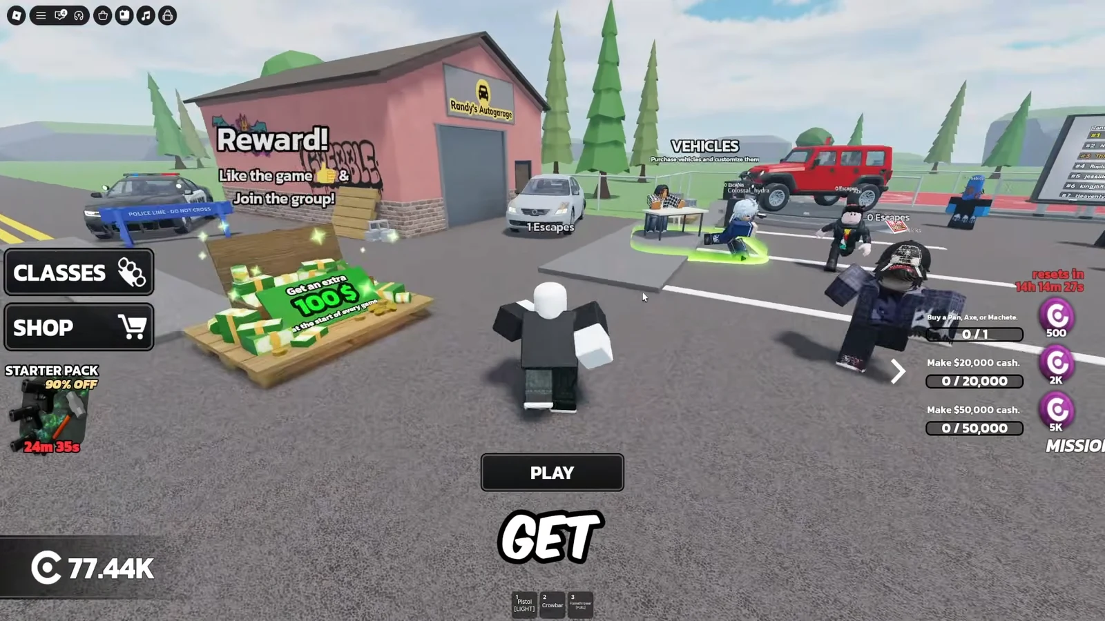 RUNAWAYS lobby showing the PLAY button and the Vehicles area for buying cars
