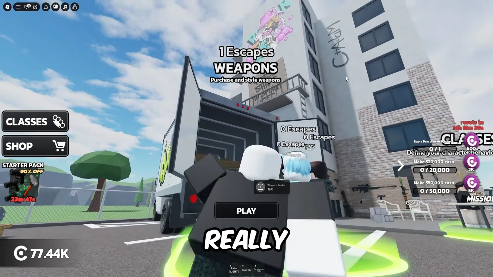 RUNAWAYS lobby with the Weapons Dealer E-key prompt highlighted