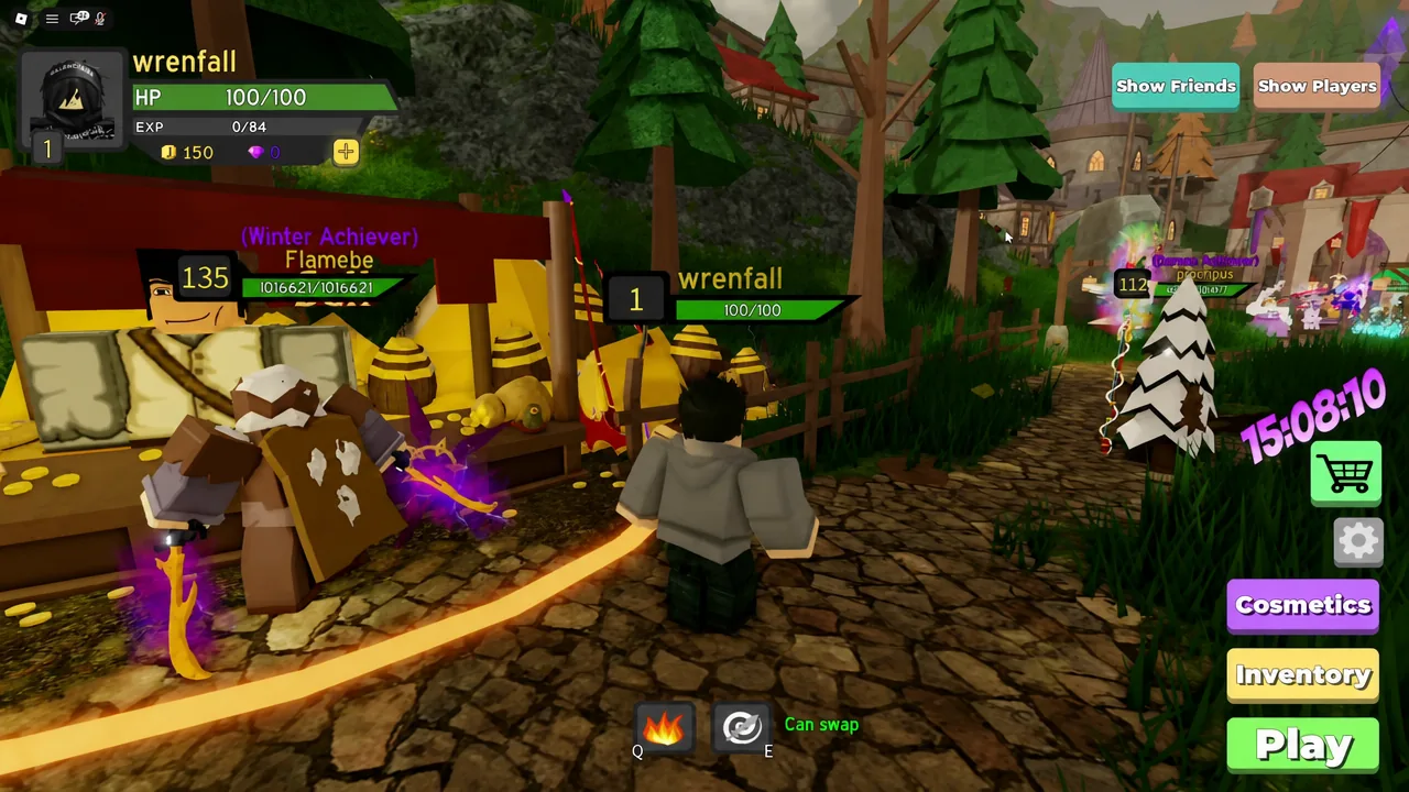 Player character standing in the Dungeon Quest Reborn hub waiting to join a party