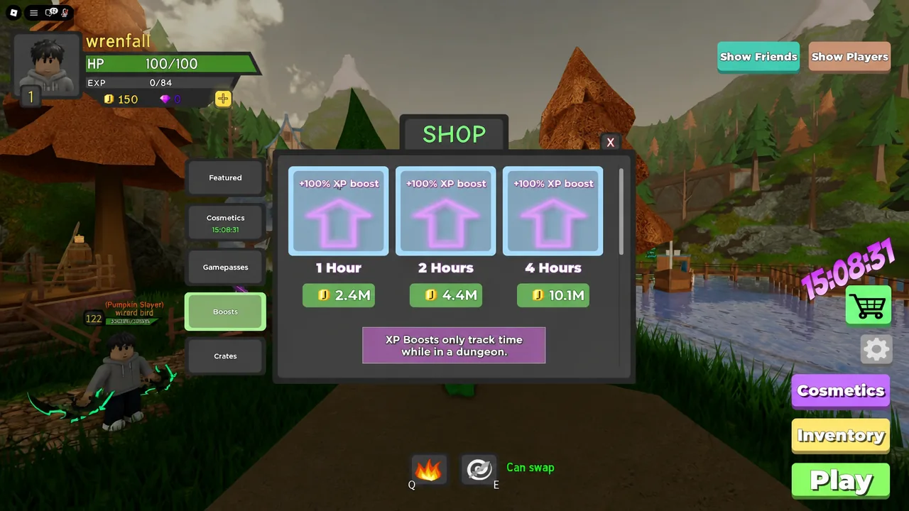 Shop menu open on the Boosts tab showing 1, 2, and 4 hour XP boost options