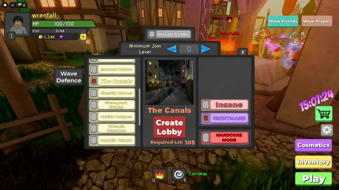 Create Lobby screen with The Canals selected and Nightmare difficulty enabled