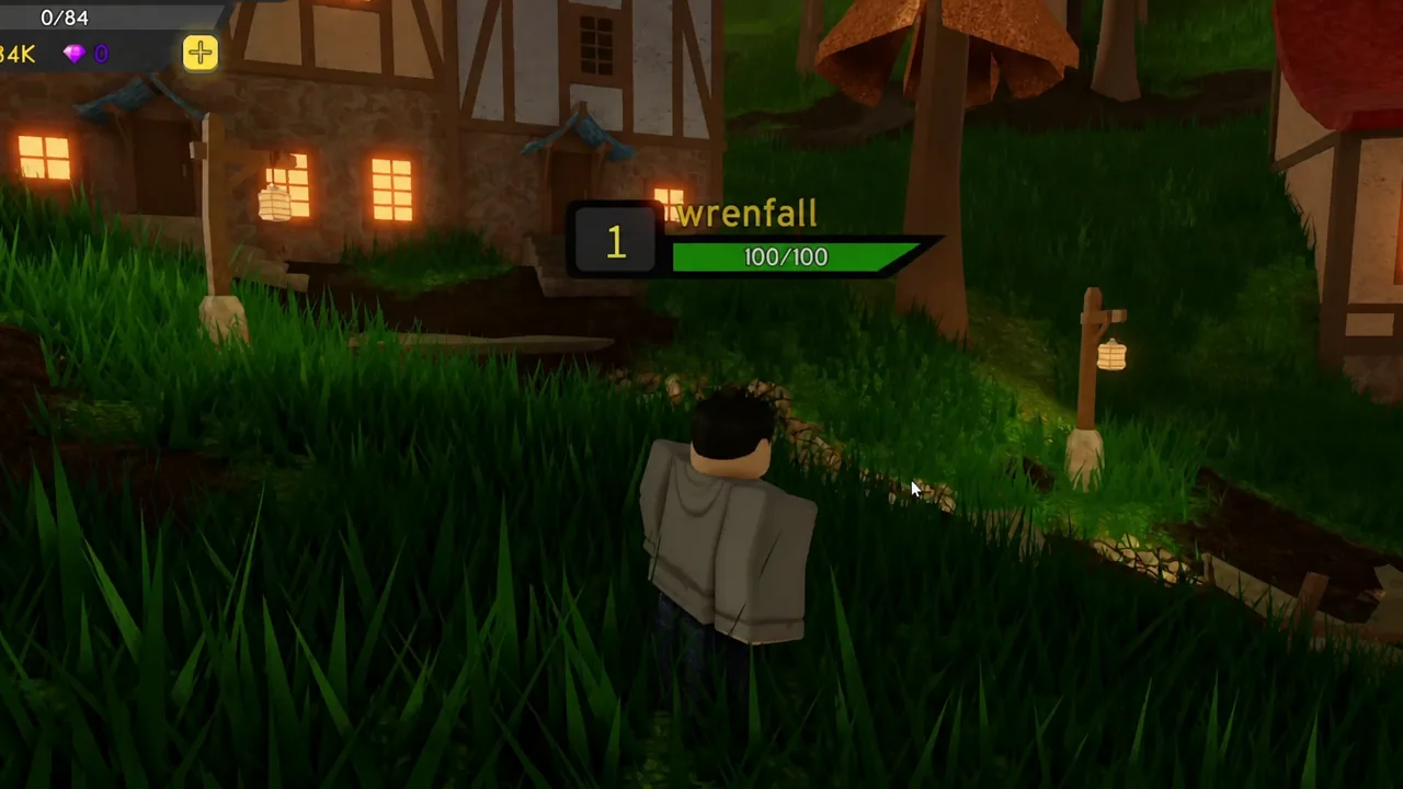 Player approaching a level 1 Wrenfall enemy with a full 100/100 health nameplate