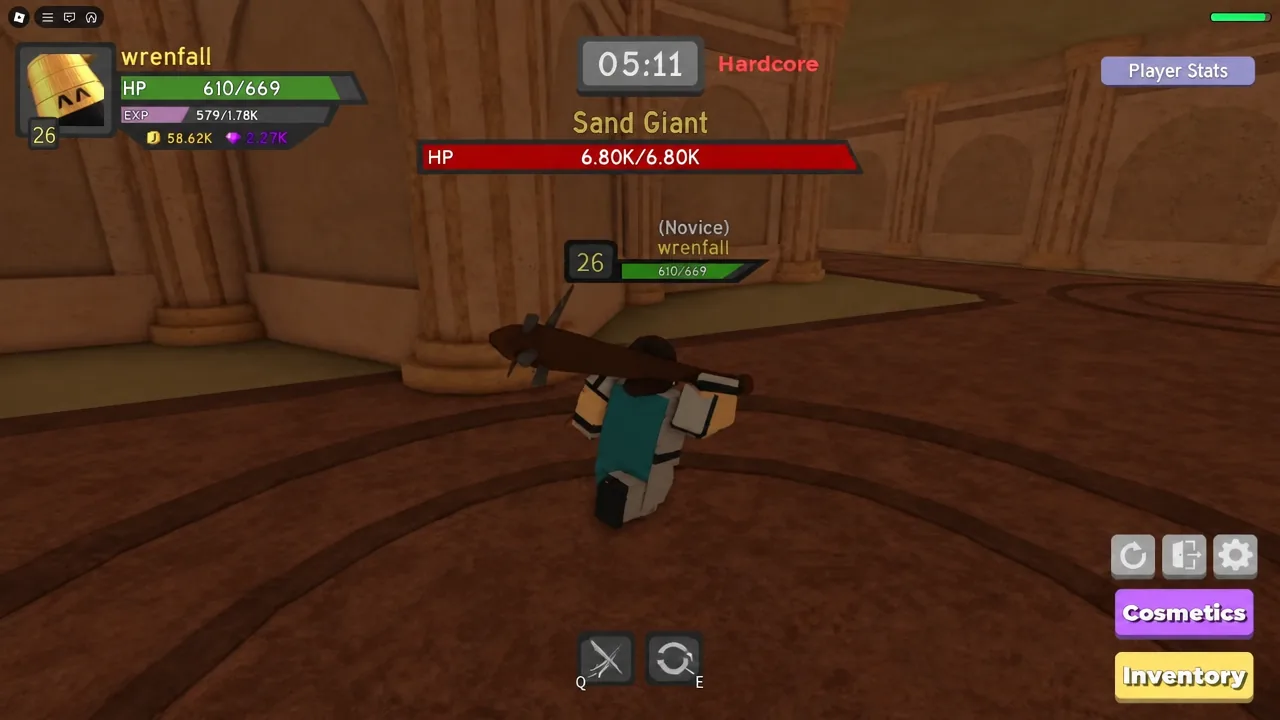 Sand Giant boss fight with the boss HP bar and Hardcore timer visible on screen