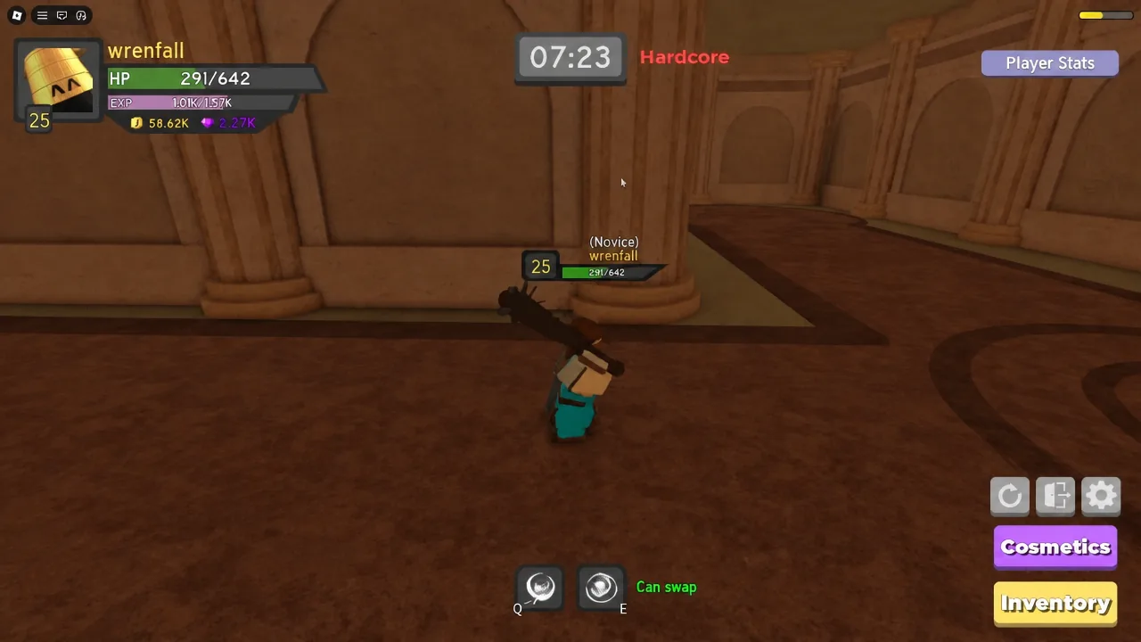 In-dungeon view of a character clearing Sand Peasants with the green Can swap status shown on the Q and E weapon controls