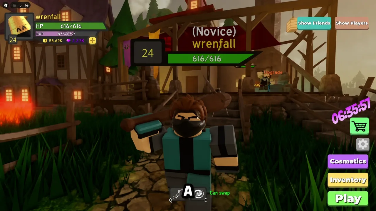 Dungeon Quest Reborn village hub with the avatar standing near the green Play button