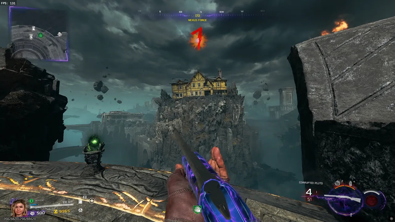 Player aims a purple-glowing gun toward a floating fortress with the Nexus Force objective active