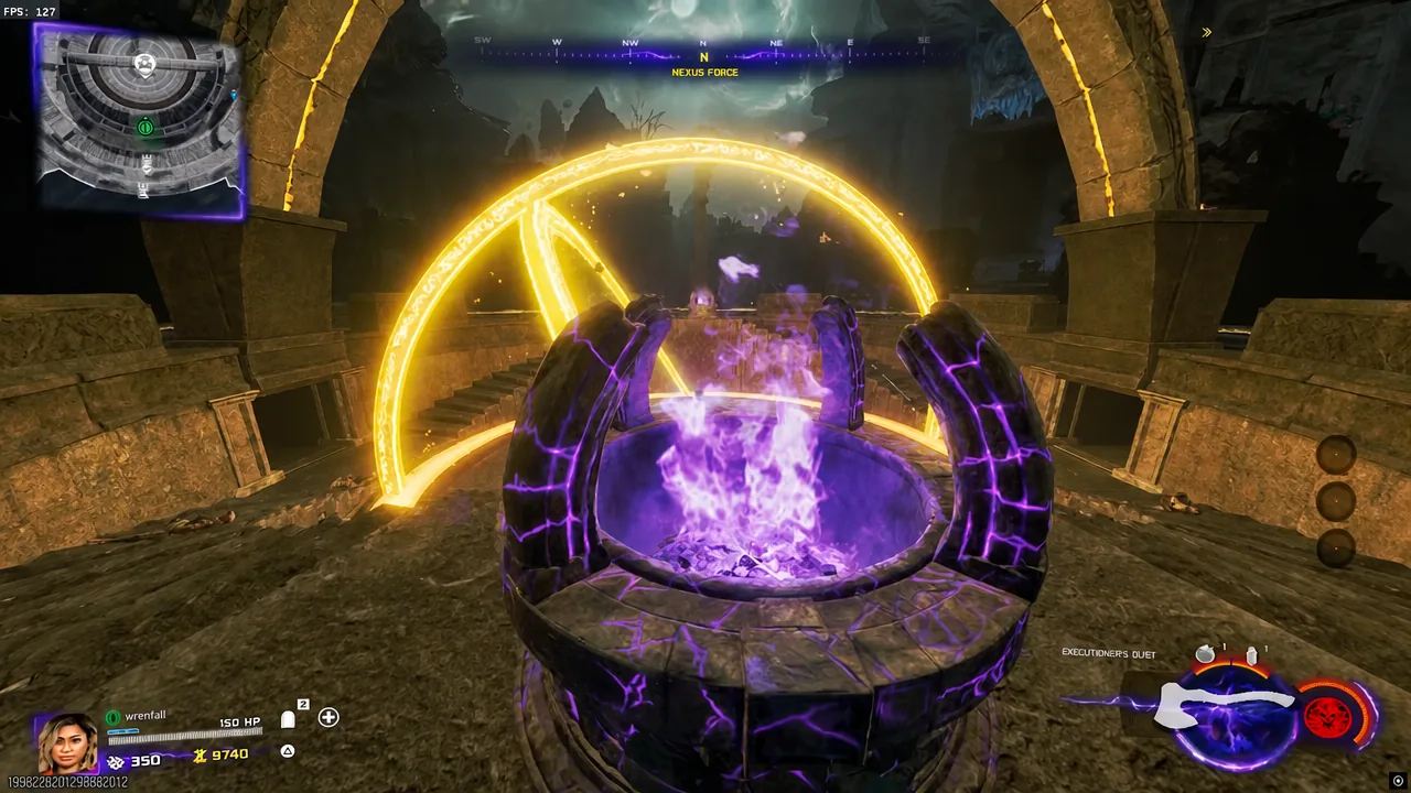 Purple flames burning on an altar next to a glowing energy portal in the Nexus Force area