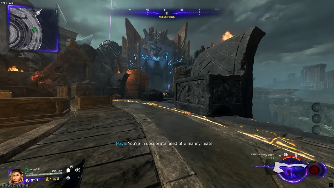 Player sprinting along a fortress walkway toward a blue-lit entrance