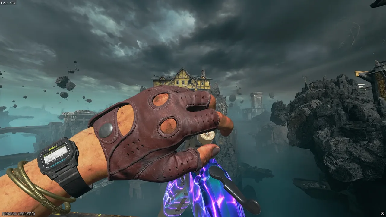 First-person view of a gloved hand raised while holding a glowing weapon mid-fight