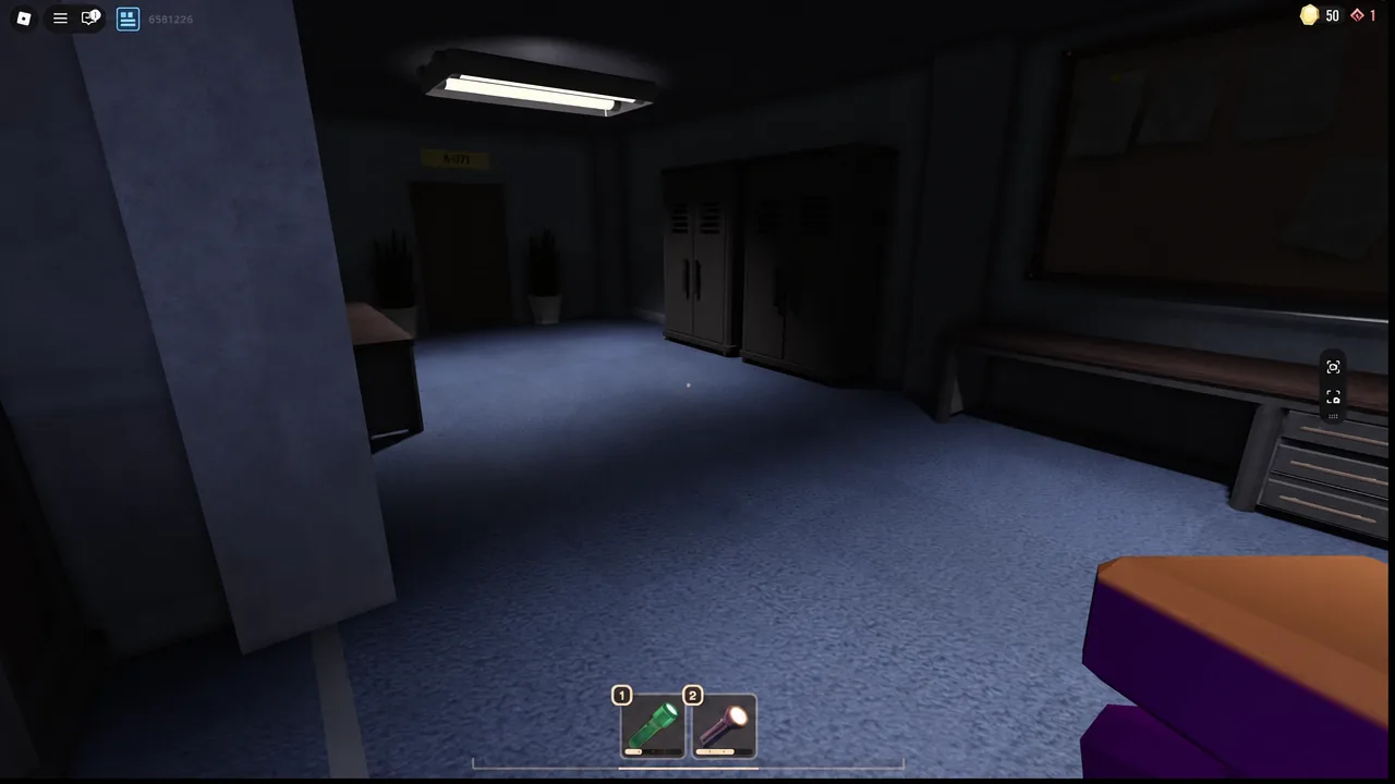 Dark locker room with inventory items in the hotbar during an entity sweep