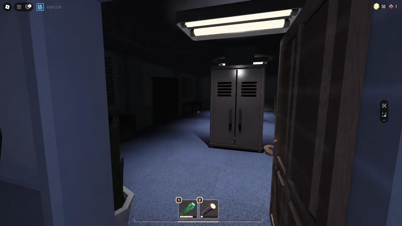 Flashlight selected in hotbar slot 1 while entering a doorway toward lockers