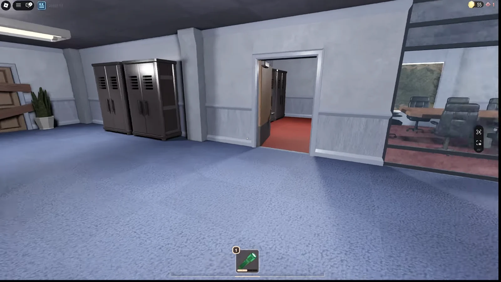 First-person hallway view with the flashlight selected in hotbar slot 1