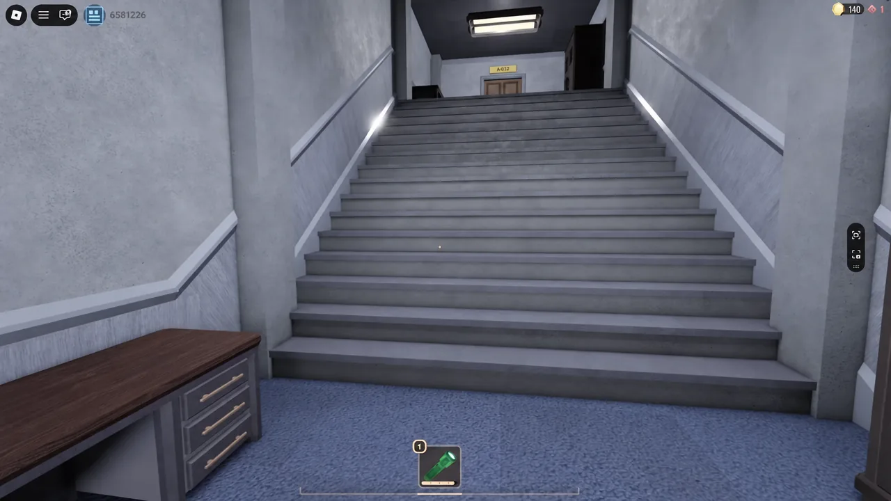 Flashlight in inventory slot 1 selected while approaching a central staircase in the Archives