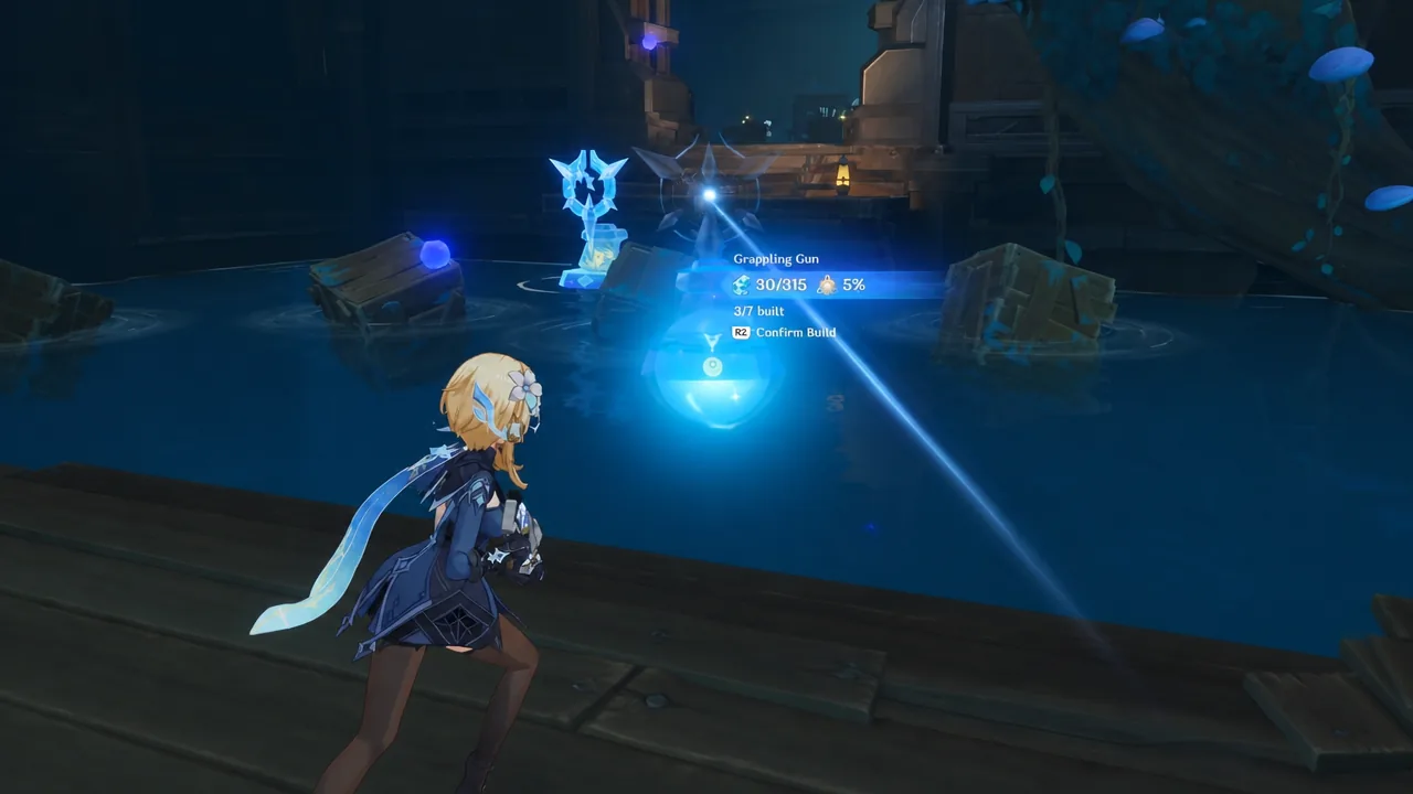 genshin-impact-down-in-the-dumps-quest-guide-blue-red-white-key-location - grappling gun to move wooden plank