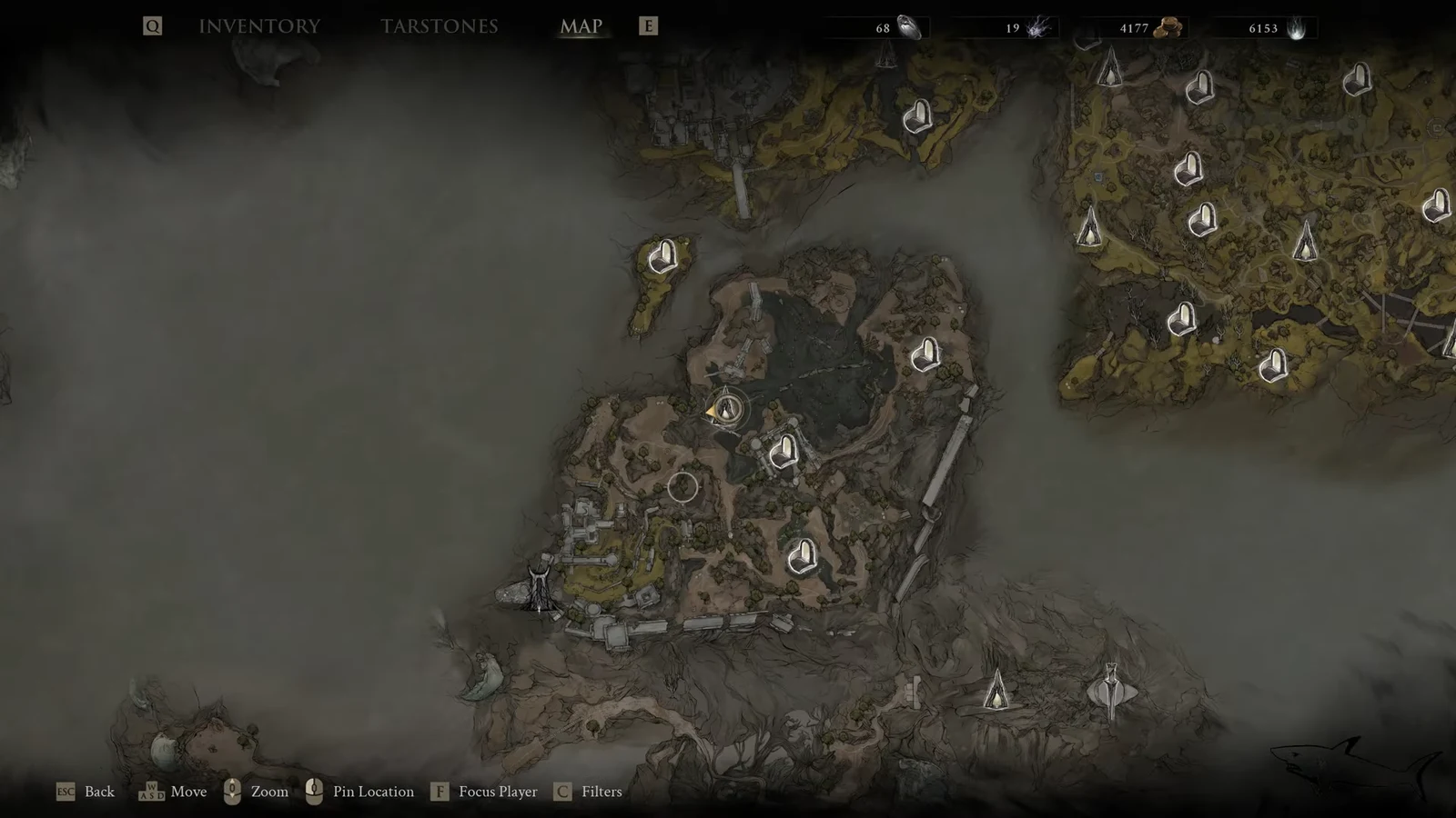 Explored regions and fast-travel markers shown on the Mortal Shell 2 map